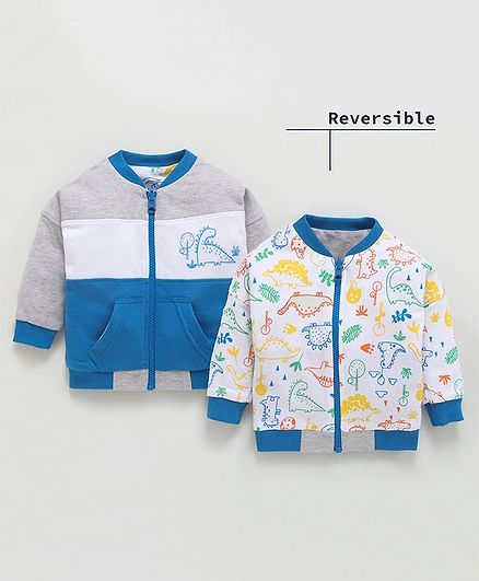 Babyoye Cotton Full Sleeves Reversible Sweat Jacket Dino Print - Royal Blue Grey