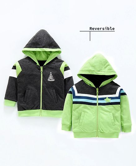 Babyoye Full Sleeves Cotton Hooded Reversible Sweat Jacket Striped & Printed - Green