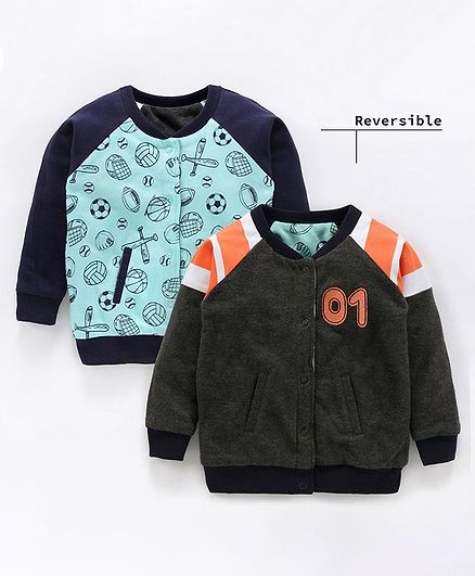 Babyoye Winter Wear Cotton Full Sleeves Reversible Sweat Jacket Multi Print - Blue Grey