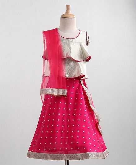 Babyoye Sleeveless Choli & Lehenga With Dupatta Zari Detailing - Fuchsia