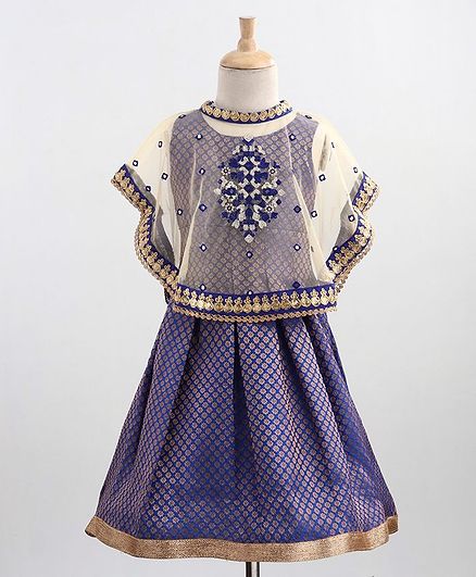 Babyoye Sleeveless Embroidered Ethnic Dress With Net Cape - Navy Blue