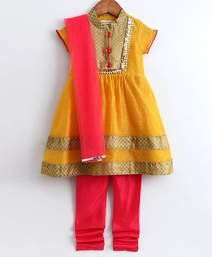 Babyoye Short Sleeves Chanderi Anarkarli And Churidar With Dupatta Self Design - Yellow Pink