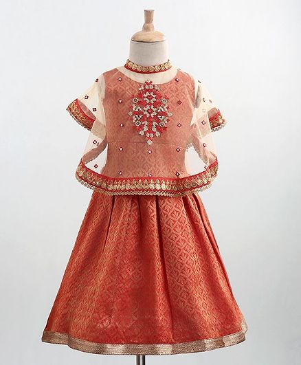 Babyoye Sleeveless Cotton Poly Ethnic Dress With Poncho Mirror Work - Red