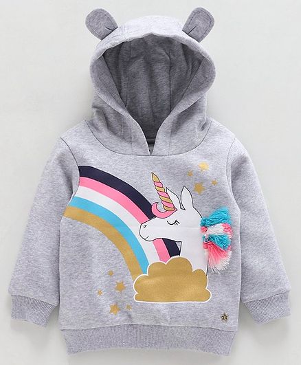Babyoye Cotton Full Sleeves Hooded Sweatshirt Unicorn Print - Grey