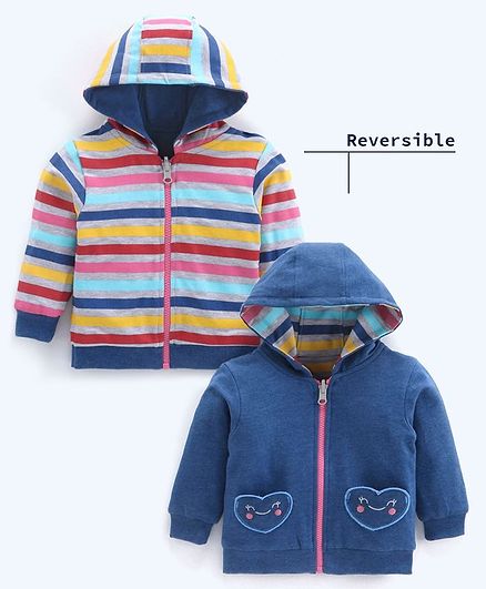 Babyoye Reversible Cotton Hooded Sweat Jacket Heart Patch - Blue