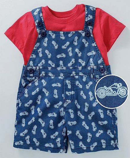 Doreme Dungaree Style Romper With Half Sleeves Tee Bike Print - Blue Dark Pink