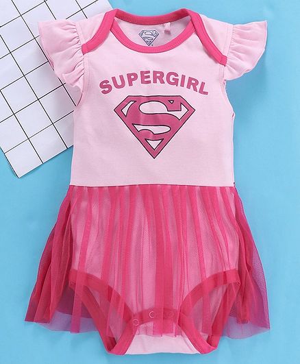 Mom's Love Short Sleeves Frock Style Onesie Supergirl Print - Light Pink Fuchsia