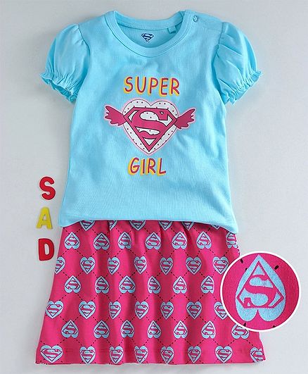 Mom's Love Half Sleeves Top & Skirt Set Supergirl Print - Blue Pink