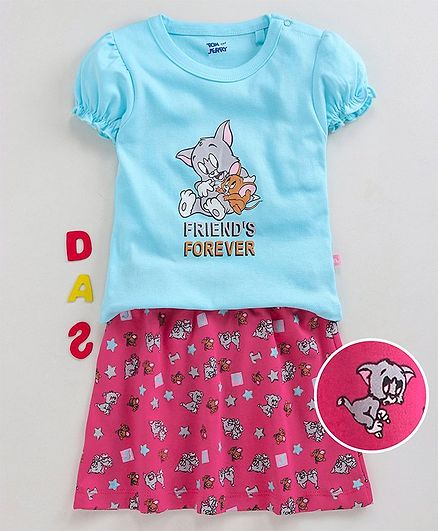 Mom's Love Half Sleeves Top & Skirt Set Tom & Jerry Print - Blue Pink