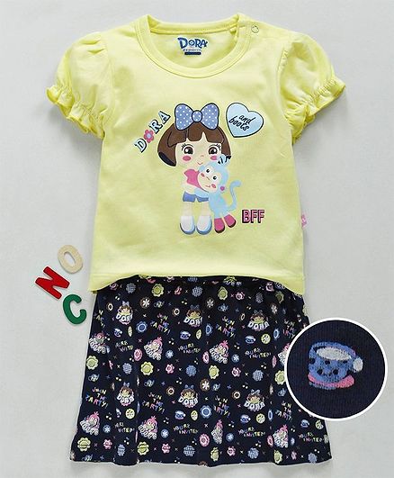 Mom's Love Short Sleeves Top With Skirt Dora Print - Yellow Navy