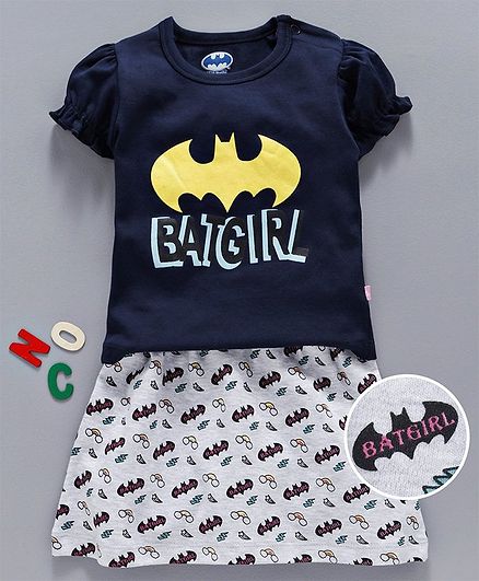 Mom's Love Half Sleeves Top & Skirt Set Batgirl Print - Navy Blue White
