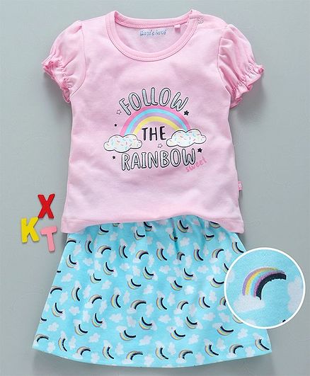 Mom's Love Balloon Sleeves Top & Skirt Rainbow Print - Pink Blue