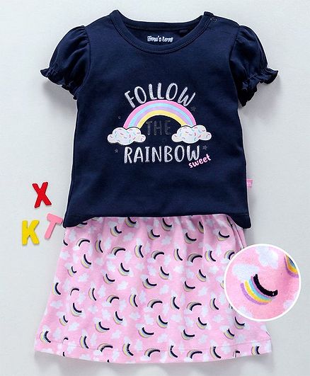 Mom's Love Balloon Sleeves Top & Skirt Rainbow Print - Pink Navy Blue