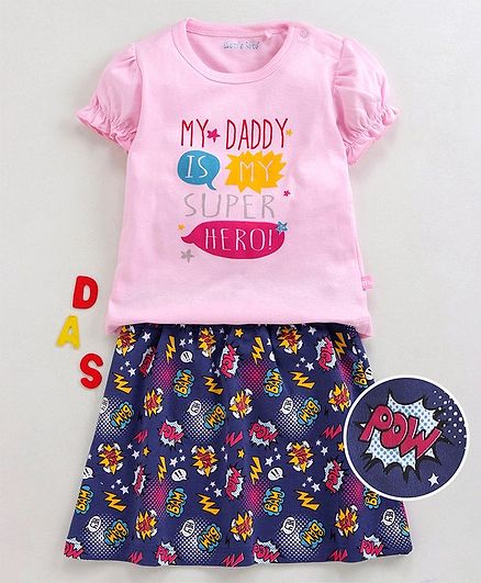 Mom's Love Half Sleeves Top With Skirt Text Print - Navy Blue Pink