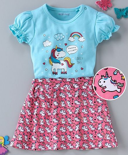 Mom's Love Half Sleeves Top With Skirt Unicorn Print - Blue Pink