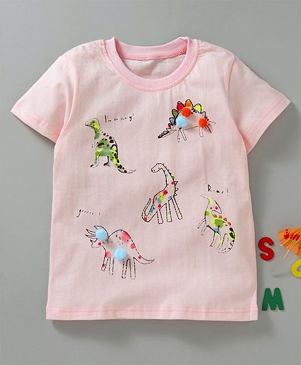 Kookie Kids Half Sleeves Tee Dino Print With Pom Pom - Light Pink