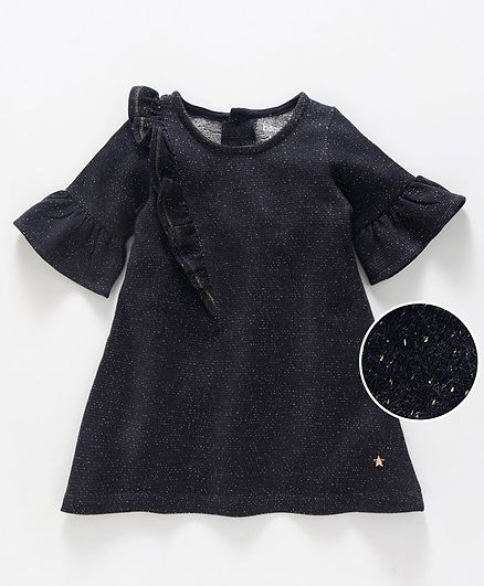 Babyoye Three Fourth Sleeves Kitty Ruffled Frock - Navy Blue