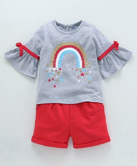Babyoye Bell Sleeves Cotton Tee And Shorts Rainbow Print - Grey Red Blue