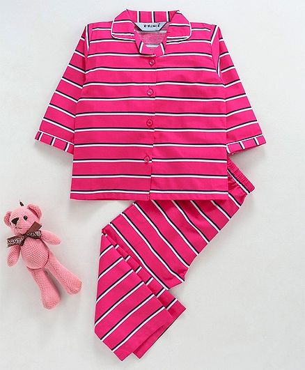 Enfance Core Full Sleeves Striped Night Suit - Pink