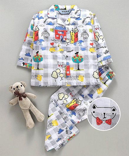 Enfance Core Full Sleeves Animated Houses Print Night Suit - Blue