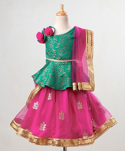 Babyoye Embellished Lehenga & Sleeveless Embroidered Choli Set With Golden border Dupatta - Pink Green