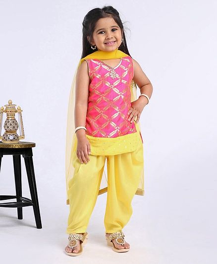 Babyhug Sleeveless Kurti And Salwaar With Dupatta Sequin & Bead Detailing - Pink Yellow
