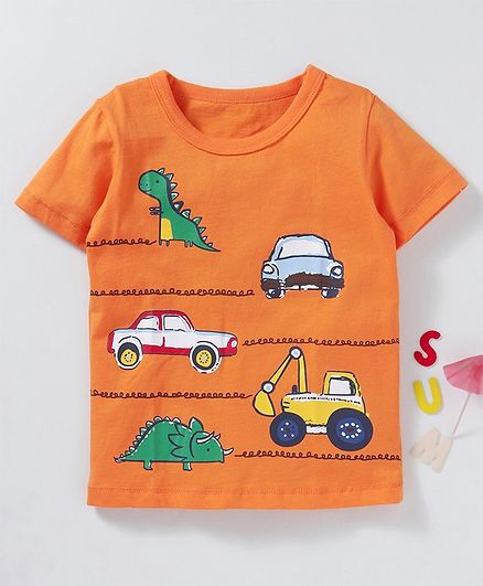 Kookie Kids Half Sleeves Tee Dino & Car Print - Orange