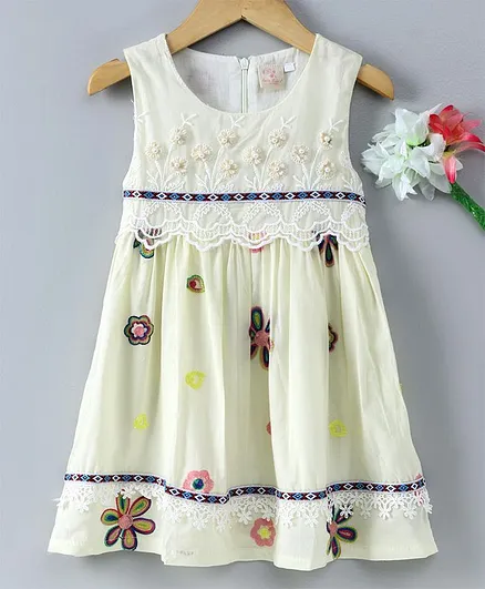 Smile Rabbit Sleeveless Embroidered Frock - Light Yellow