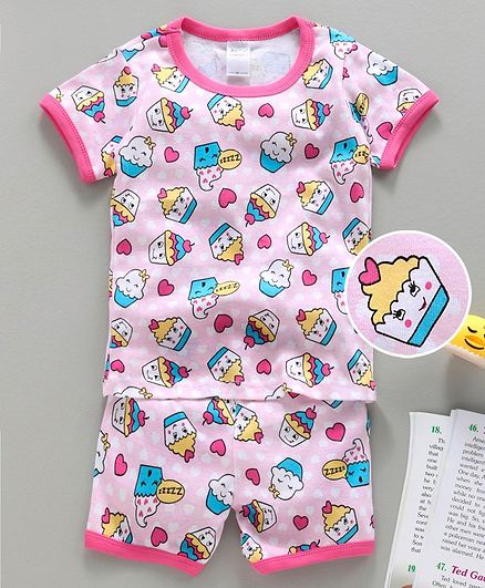 Yiyi Garden Half Sleeves Night Suit Cupcake Print - Pink