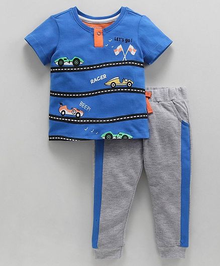 Babyoye Half Sleeves Tee & Lounge Pants Set Vehicles Print - Blue Grey