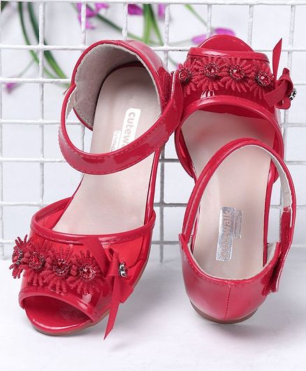 Cute Walk by Babyhug Party Wear Peeptoes Studded Floral Motifs - Red