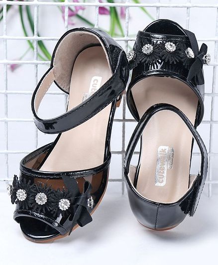 Cute Walk by Babyhug Party Wear Peeptoes Studded Floral Motifs - Black