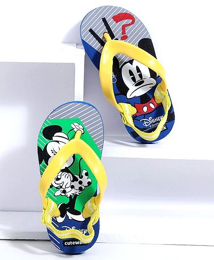 Cute Walk by Babyhug Flip Flops With Back Strap Minnie & Mickey Mouse Print - Green Yellow