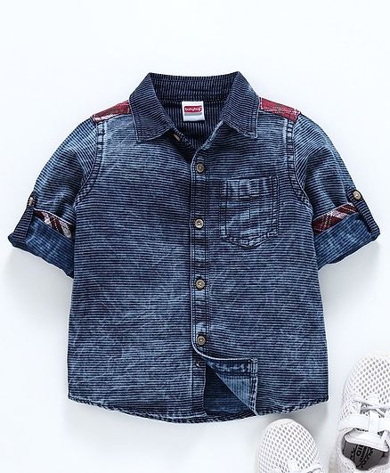 Babyhug Full Sleeves Stripe Denim Shirt With Contrast Cuff - Blue