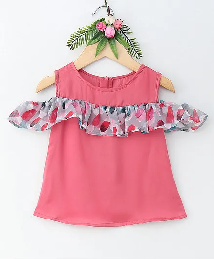 Many Frocks & Short Sleeves Printed Cold Shoulder Top - Pink