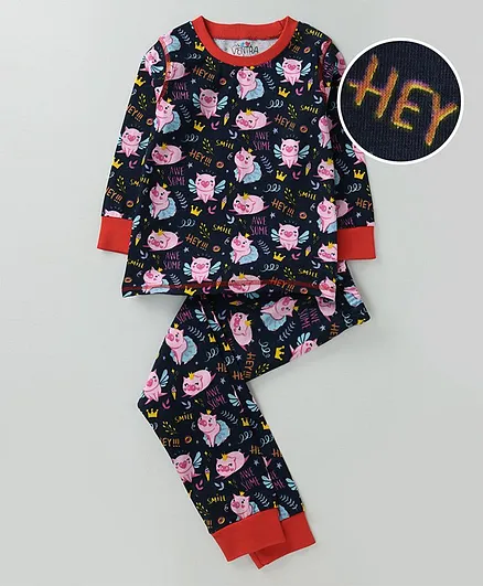 Ventra Girls Pig Play Full Sleeves Night Suit - Navy Blue