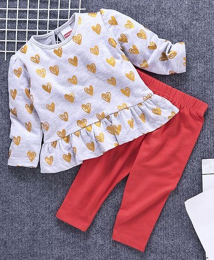 Babyhug Full Sleeves Tee & Bottoms Set Hearts Print - Grey Orange