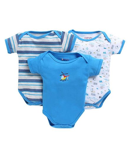 Bumzee Combo Of 3 Striped Half Sleeves Onesie - Blue