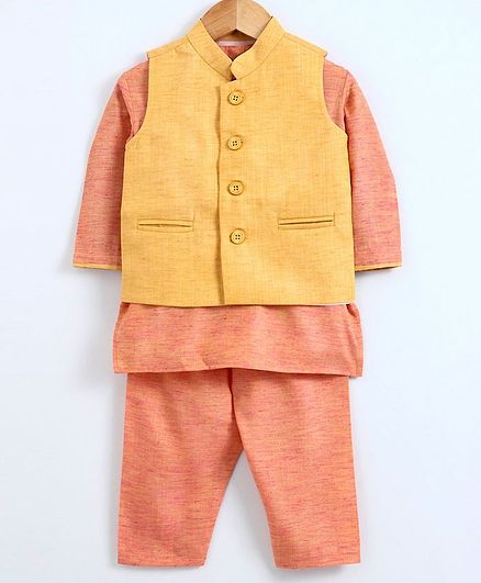 Babyoye Full Sleeves Cotton Slub Kurta With Jacket & Pajama - Yellow
