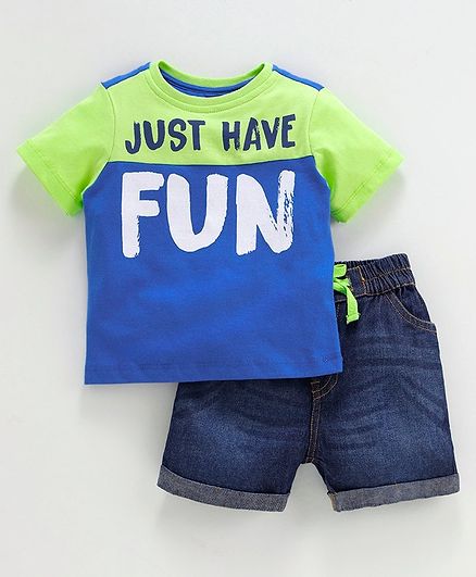 Babyoye Half Sleeves Tee & Denim Shorts Text Print - Blue Green