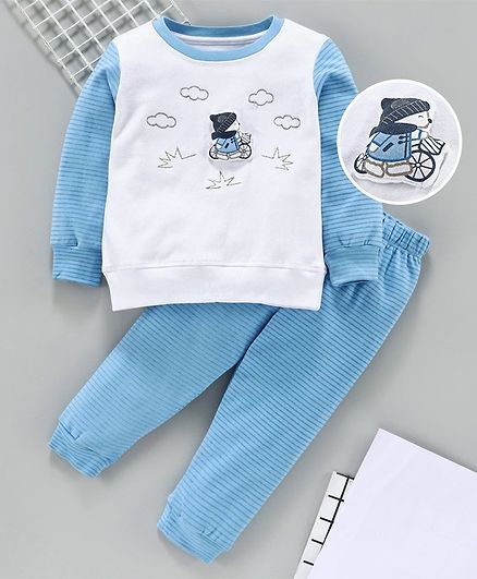 Babyhug Full Sleeves Tee And Stripe Lounge Pant Boy Applique - White Light Blue