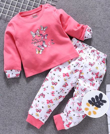Babyhug Full Sleeves Tee & Lounge Pants Butterfly Print - Pink White