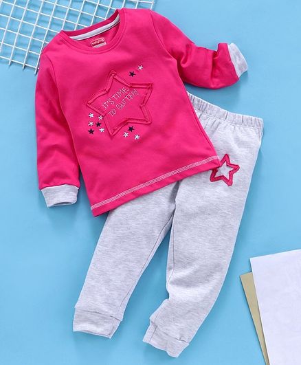 Babyhug Full Sleeves Tee And Lounge Pant Stars Print & Embroidery - Pink