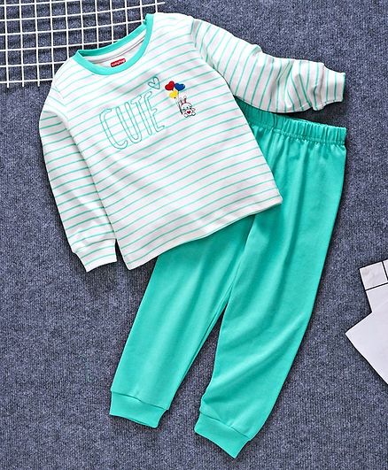 Babyhug Full Sleeves Tee And Lounge Pant Cute Embroidery - White Sea Green