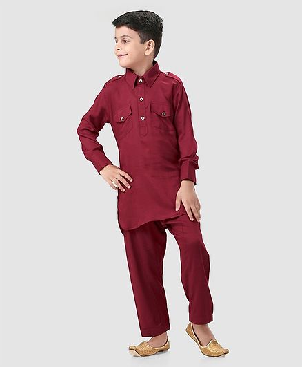 Ridokidz Full Sleeves Solid Kurta & Pyjama Set - Maroon