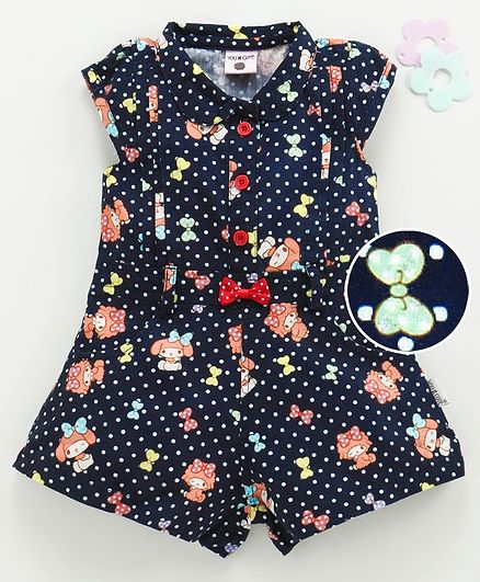 U R Cute Cap Sleeves Polka Dot & Doll Print Jumpsuit - Navy Blue