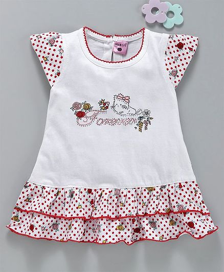 U R Cute Cap Sleeves Polka Dot & Kitten Print Ruffled Hem Dress - Red