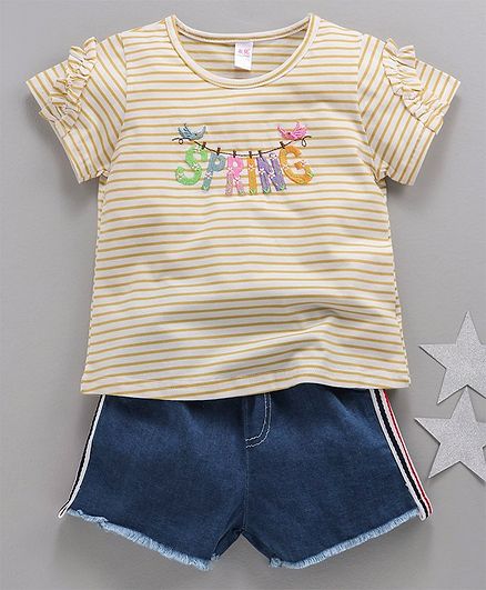 Kookie Kids Striped Half Sleeves Top & Shorts Spring Patch - Yellow