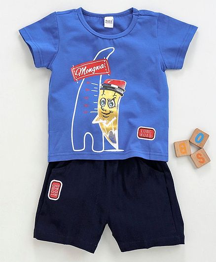 Meng Wa Half Sleeves Tee With Shorts Long Road Print - Blue