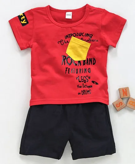 Meng Wa Half Sleeves Tee With Shorts Text Print - Red